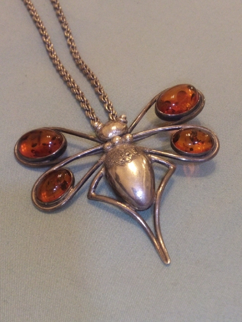 Amber Cabochon Silver-Tone Dragonfly Pendant Necklace - Women Jewelry